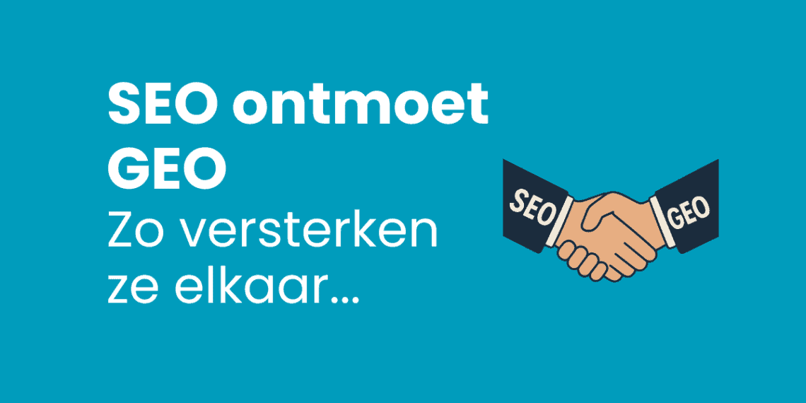 Cartoonachtige handdruk tussen twee armen in pak, waarvan de ene "SEO" en de andere "GEO" toont, als symbool voor samenwerking tussen Search Engine Optimization en Generative Engine Optimization.